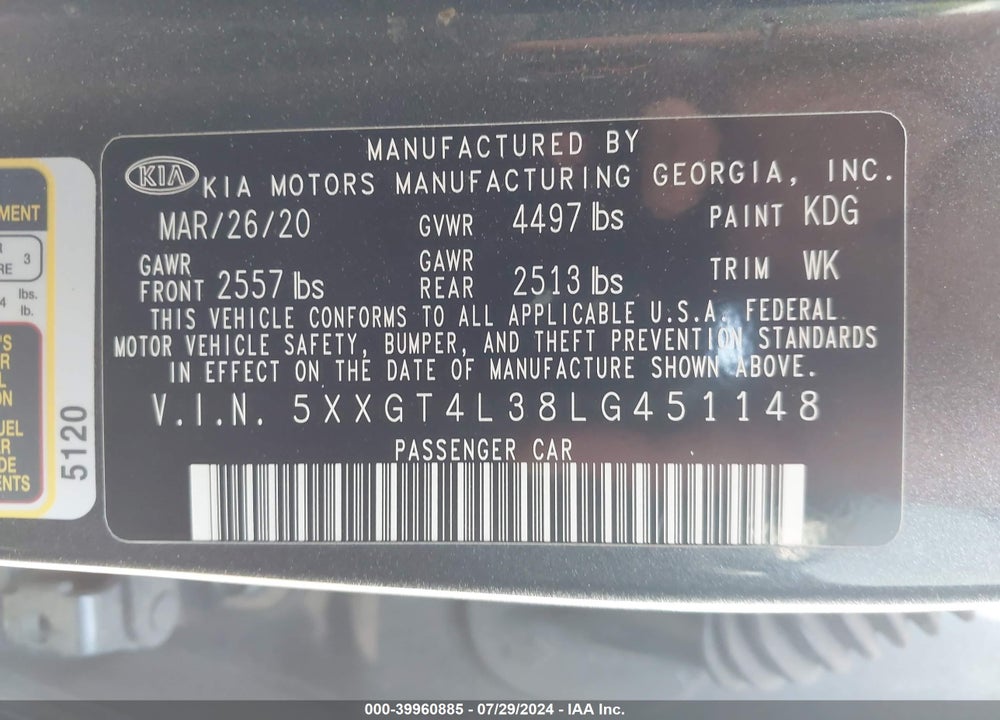 2020 KIA OPTIMA LX VIN: 5XXGT4L38LG451148