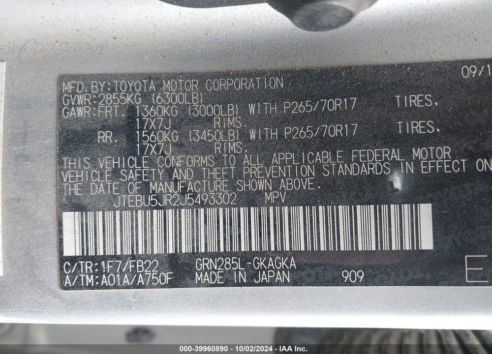 2018 TOYOTA 4RUNNER SR5 VIN: JTEBU5JR2J5493302