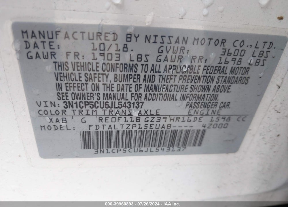 2018 NISSAN KICKS SR VIN: 3N1CP5CU6JL543137