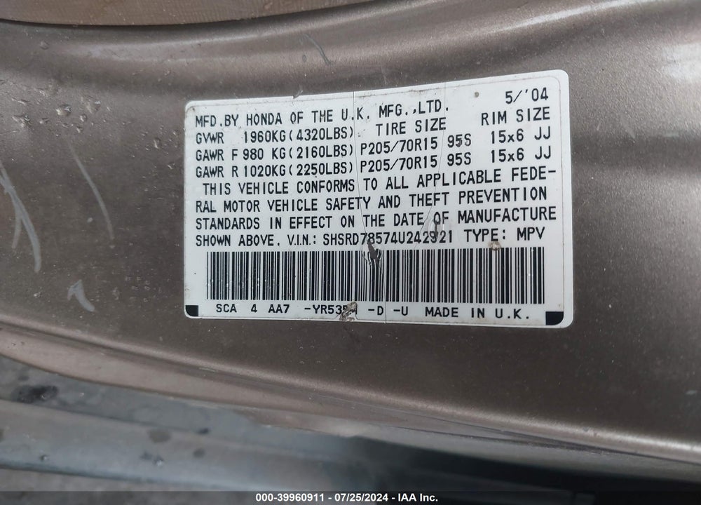 2004 HONDA CR-V LX VIN: SHSRD78574U242921