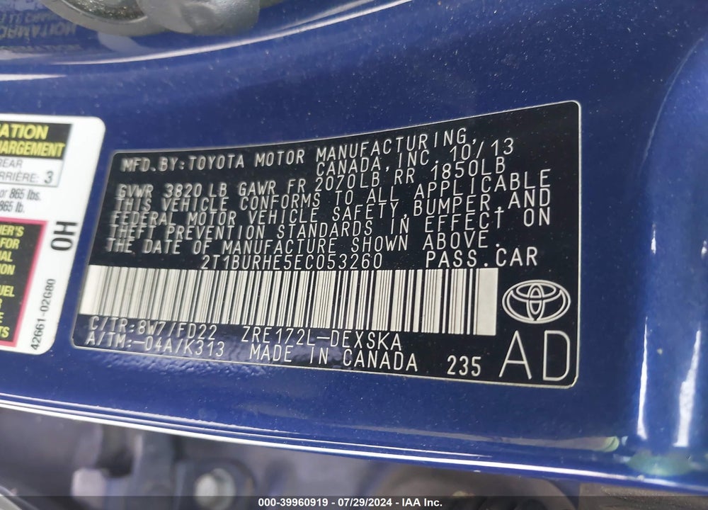 2014 TOYOTA COROLLA S PLUS VIN: 2T1BURHE5EC053260