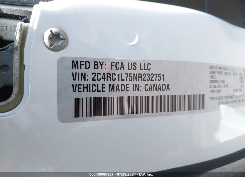 2022 CHRYSLER PACIFICA HYBRID TOURING L VIN: 2C4RC1L75NR232751