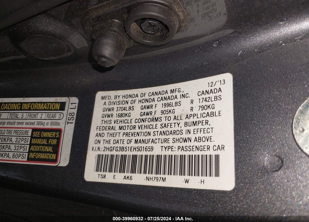 2014 HONDA CIVIC LX VIN: 2HGFG3B51EH501659