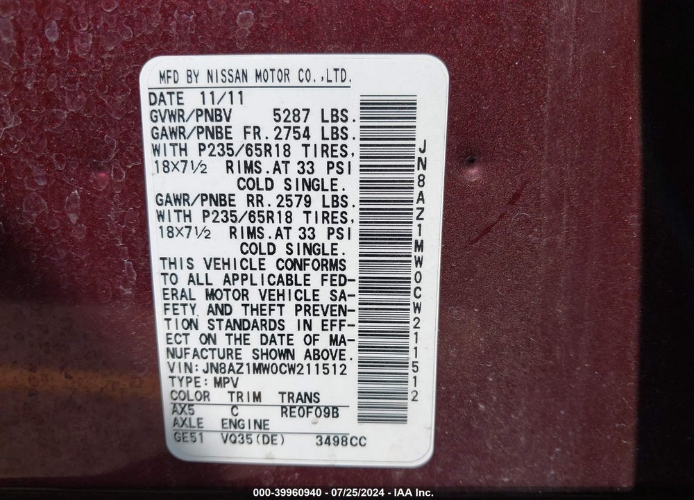 2012 NISSAN MURANO SL VIN: JN8AZ1MW0CW211512