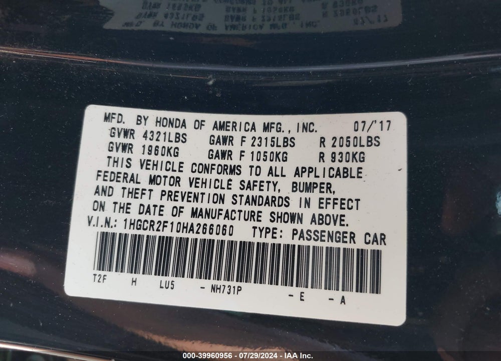 2017 HONDA ACCORD SPORT SE VIN: 1HGCR2F10HA266060
