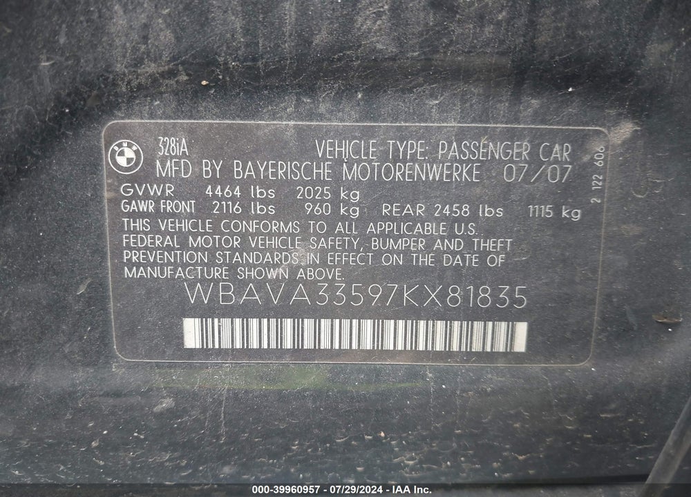 2007 BMW 328I VIN: WBAVA33597KX81835