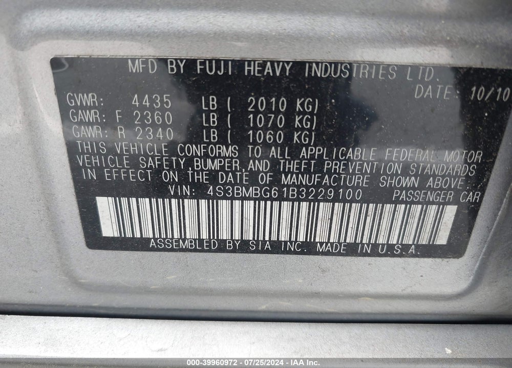2011 SUBARU LEGACY 2.5I PREMIUM VIN: 4S3BMBG61B3229100