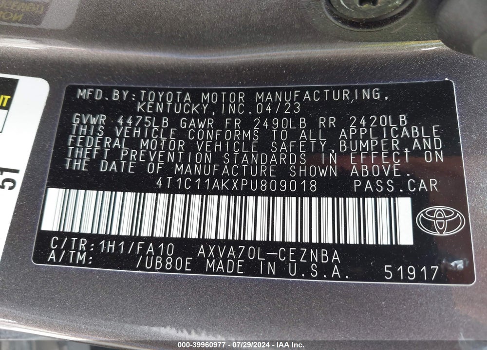 2023 TOYOTA CAMRY LE VIN: 4T1C11AKXPU809018