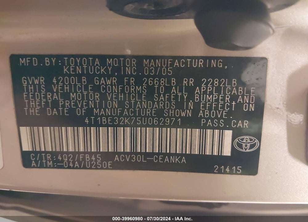 2005 TOYOTA CAMRY LE VIN: 4T1BE32K75U062971