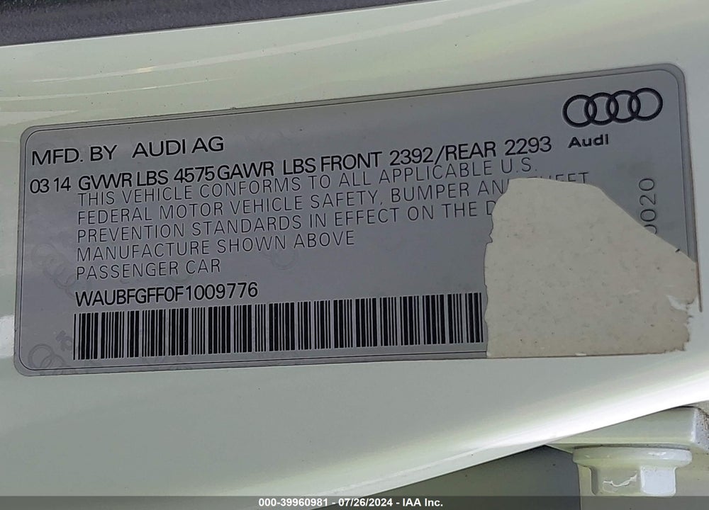 2015 AUDI A3 2.0T PREMIUM VIN: WAUBFGFF0F1009776