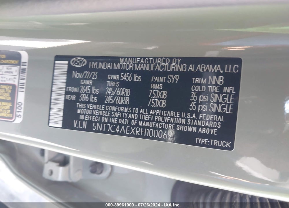 2024 HYUNDAI SANTA CRUZ SEL VIN: 5NTJC4AEXRH100069