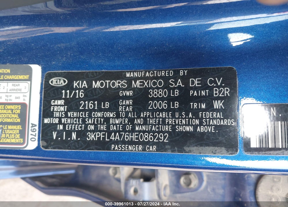 2017 KIA FORTE S VIN: 3KPFL4A76HE086292
