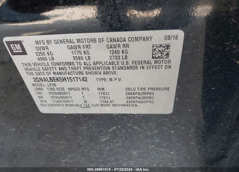 2017 CHEVROLET EQUINOX LS VIN: 2GNALBEK5H1517142