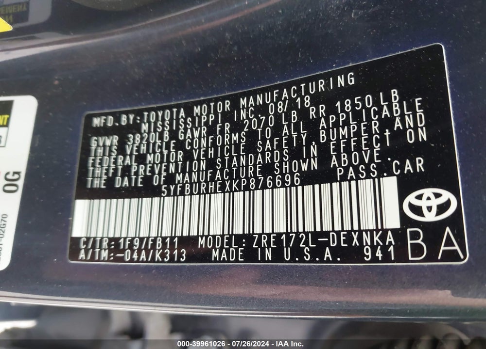 2019 TOYOTA COROLLA L/LE/SE/XLE/XSE VIN: 5YFBURHEXKP876696
