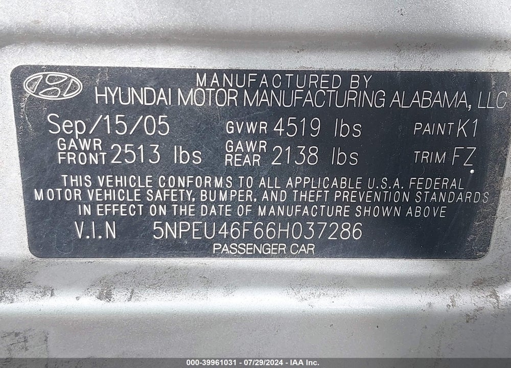 2006 HYUNDAI SONATA GLS V6/LX V6 VIN: 5NPEU46F66H037286
