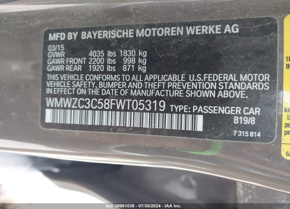 2015 MINI COUNTRYMAN COOPER S VIN: WMWZC3C58FWT05319