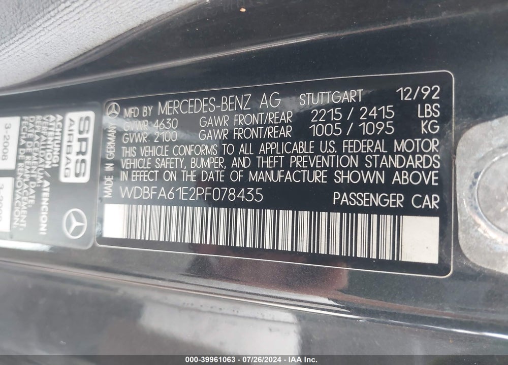 1993 MERCEDES-BENZ 300 SL VIN: WDBFA61E2PF078435