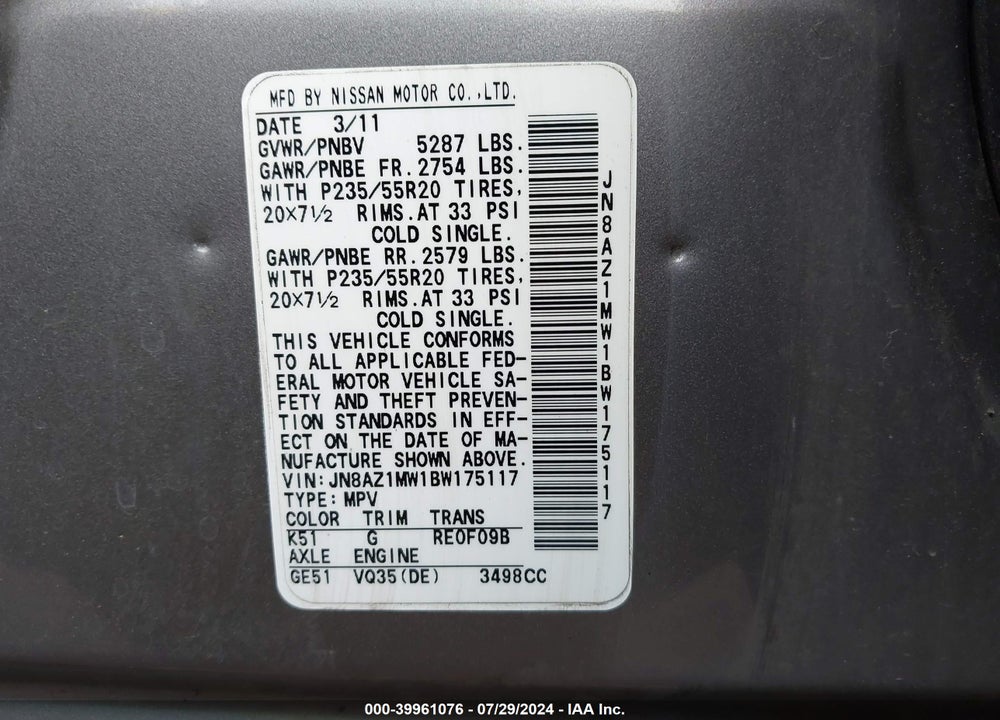 2011 NISSAN MURANO LE VIN: JN8AZ1MW1BW175117