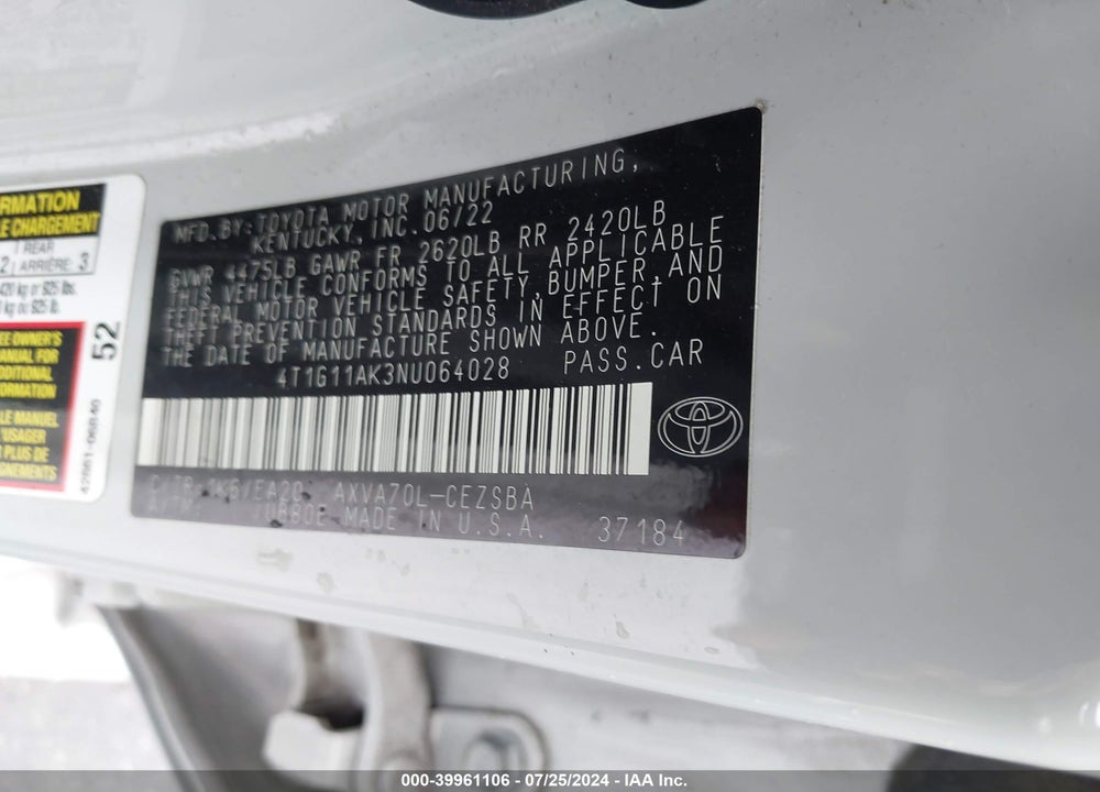 2022 TOYOTA CAMRY SE/SE NIGHTSHADE EDITION VIN: 4T1G11AK3NU064028
