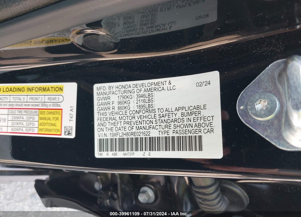 2024 HONDA CIVIC SPORT VIN: 19XFL2H80RE021622
