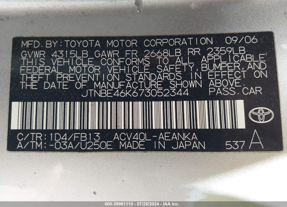 2007 TOYOTA CAMRY CE/LE/SE/XLE VIN: JTNBE46K673052344