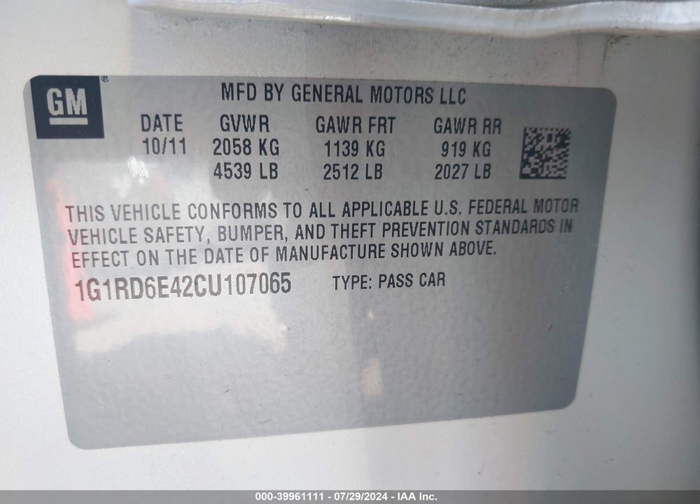 2012 CHEVROLET VOLT VIN: 1G1RD6E42CU107065
