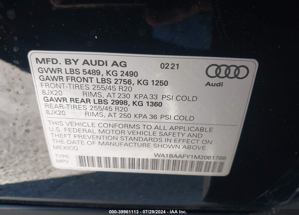 2021 AUDI Q5 PREMIUM PLUS 45 TFSI QUATTRO S TRONIC VIN: WA1BAAFY1M2061788