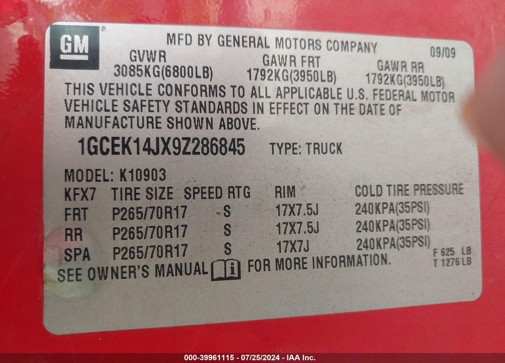 2009 CHEVROLET SILVERADO 1500 WORK TRUCK VIN: 1GCEK14JX9Z286845