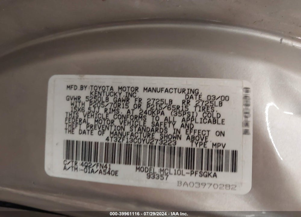 2000 TOYOTA SIENNA VIN: 4T3ZF13C0YU273223