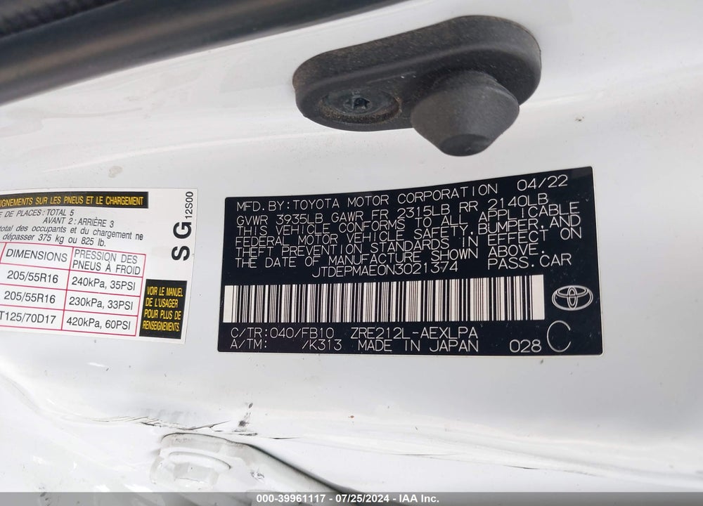 2022 TOYOTA COROLLA LE VIN: JTDEPMAE0N3021374