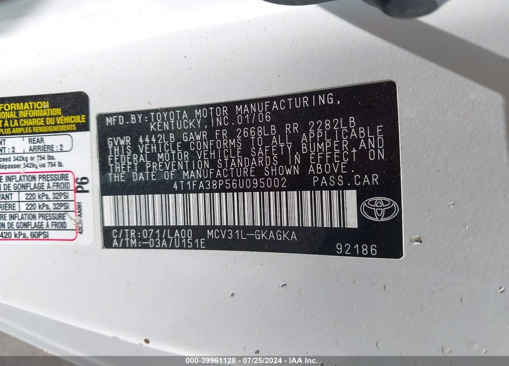2006 TOYOTA CAMRY SOLARA SE/SLE VIN: 4T1FA38P56U095002