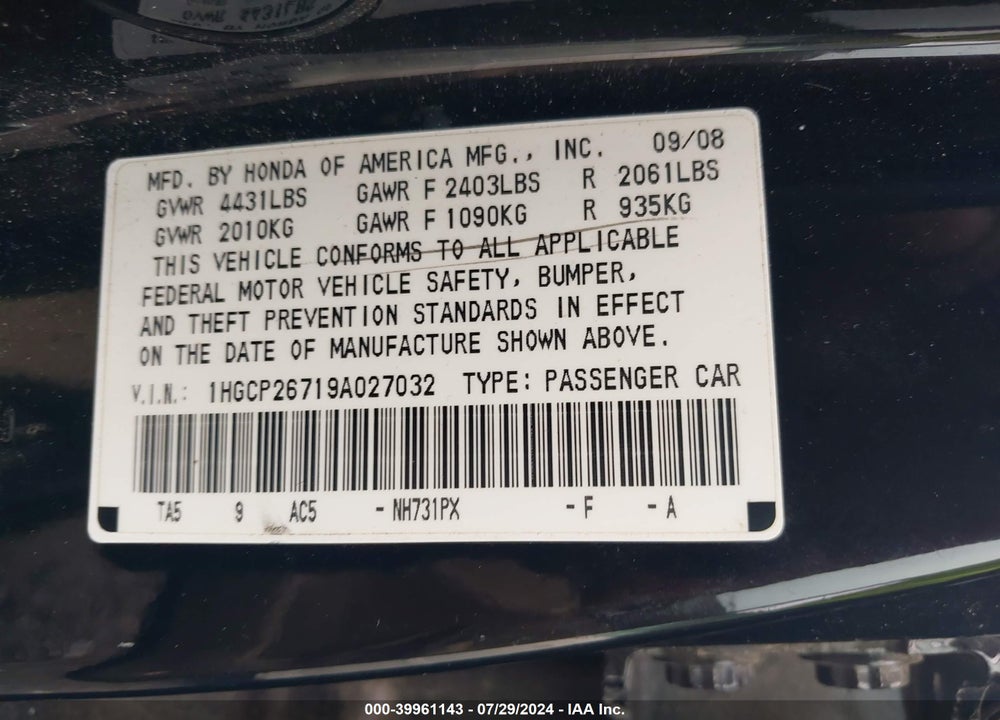 2009 HONDA ACCORD 2.4 EX VIN: 1HGCP26719A027032