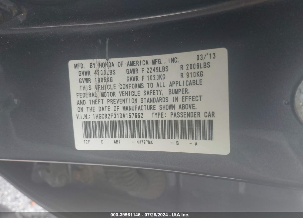 2013 HONDA ACCORD LX VIN: 1HGCR2F31DA157652
