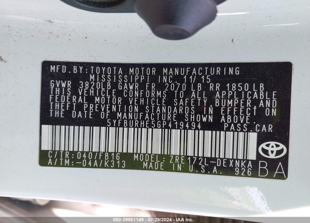 2016 TOYOTA COROLLA LE PLUS VIN: 5YFBURHE5GP419494