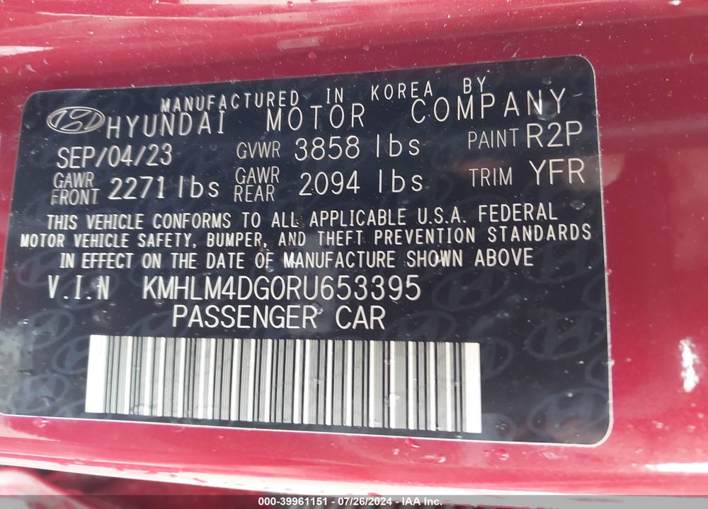 2024 HYUNDAI ELANTRA SEL VIN: KMHLM4DG0RU653395