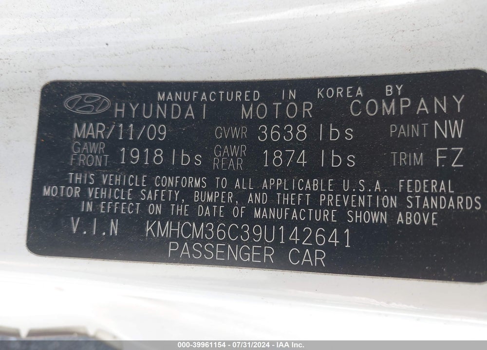 2009 HYUNDAI ACCENT GS VIN: KMHCM36C39U142641