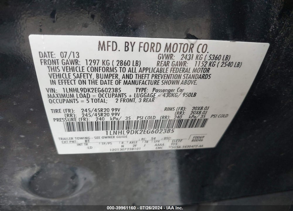 2014 LINCOLN MKS VIN: 1LNHL9DK2EG602385