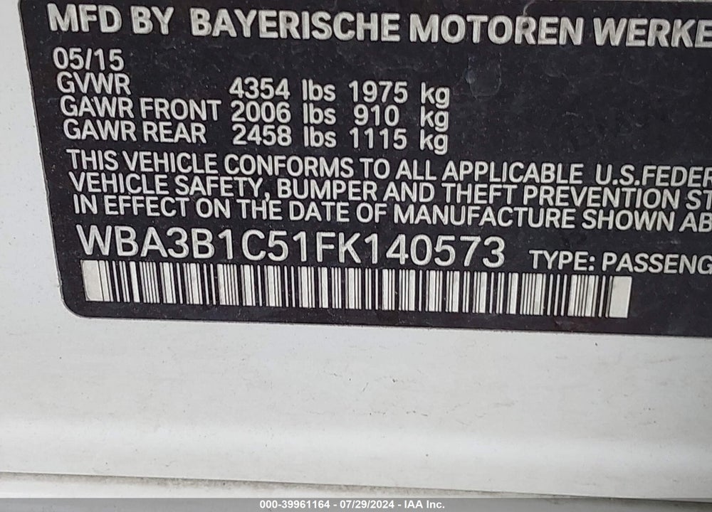 2015 BMW 320I VIN: WBA3B1C51FK140573