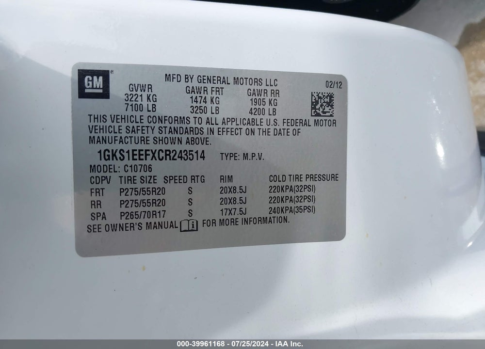 2012 GMC YUKON DENALI VIN: 1GKS1EEFXCR243514