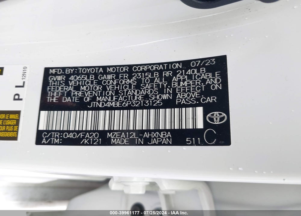 2023 TOYOTA COROLLA SE VIN: JTND4MBE6P3213125