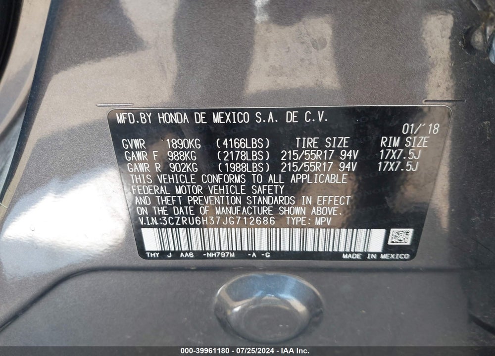 2018 HONDA HR-V LX VIN: 3CZRU6H37JG712686