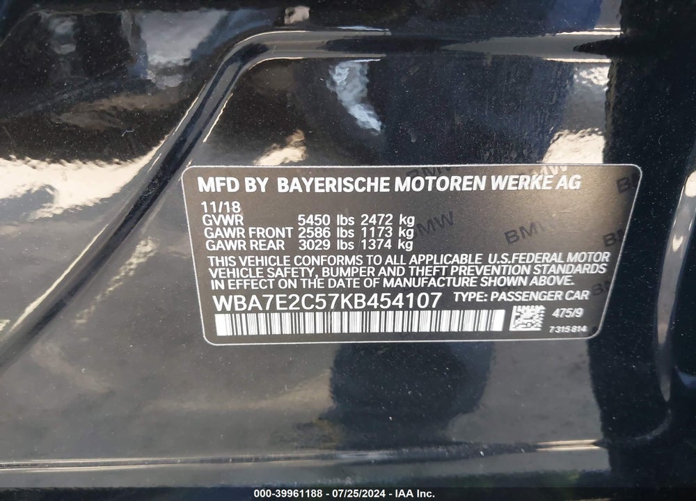 2019 BMW 740I VIN: WBA7E2C57KB454107