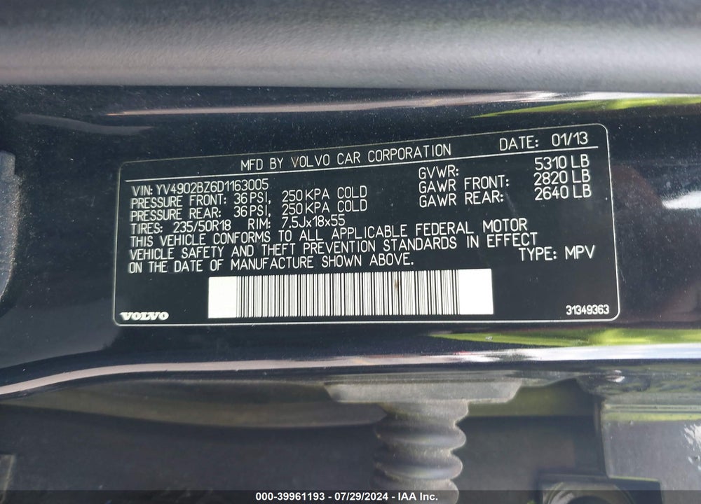 2013 VOLVO XC70 T6 VIN: YV4902BZ6D1163005