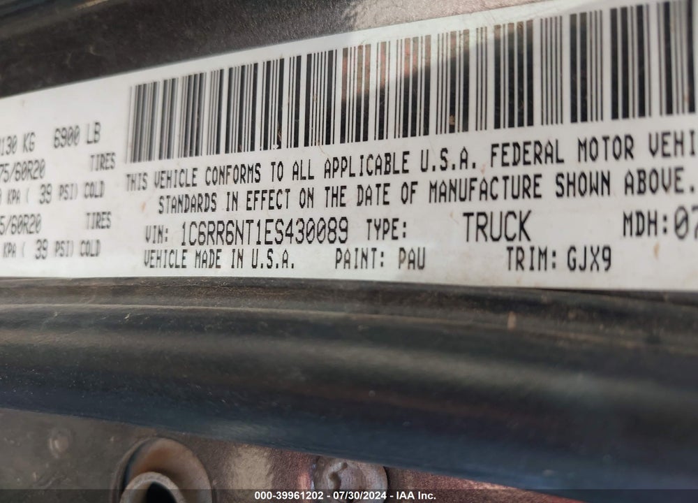 2014 RAM 1500 LAIE VIN: 1C6RR6NT1ES430089