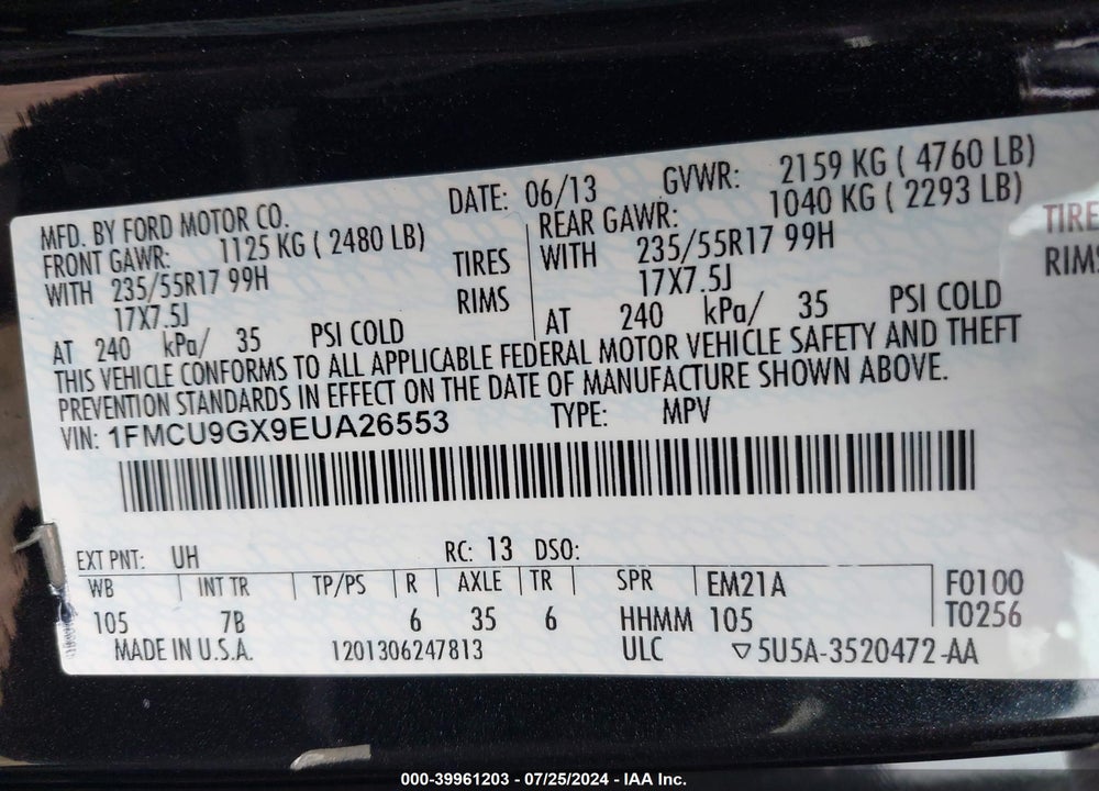 2014 FORD ESCAPE SE VIN: 1FMCU9GX9EUA26553