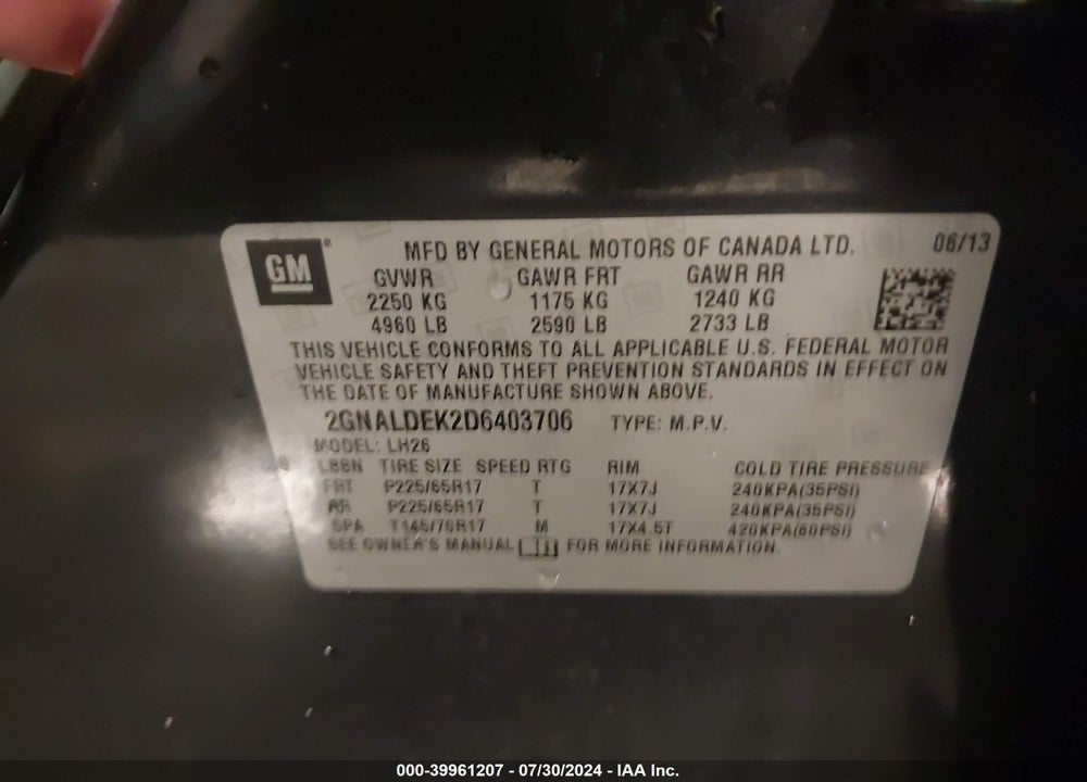 2013 CHEVROLET EQUINOX 1LT VIN: 2GNALDEK2D6403706