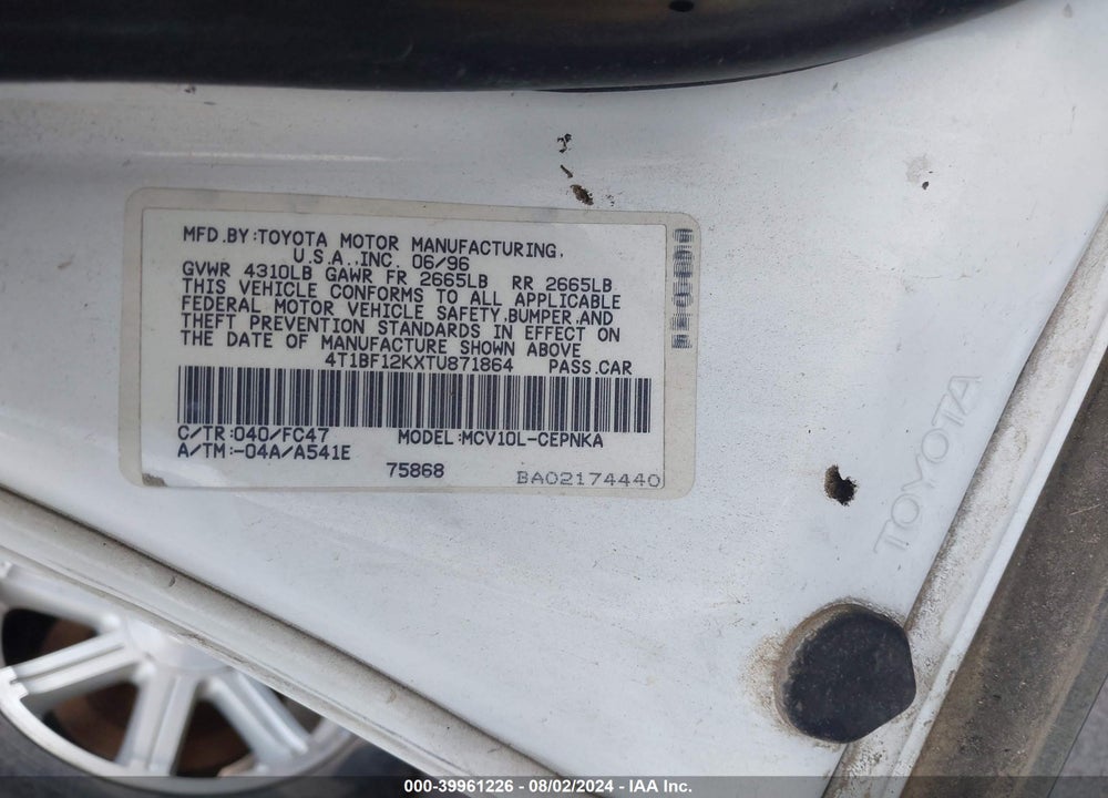 1996 TOYOTA CAMRY LE/XLE/SE VIN: 4T1BF12KXTU871864