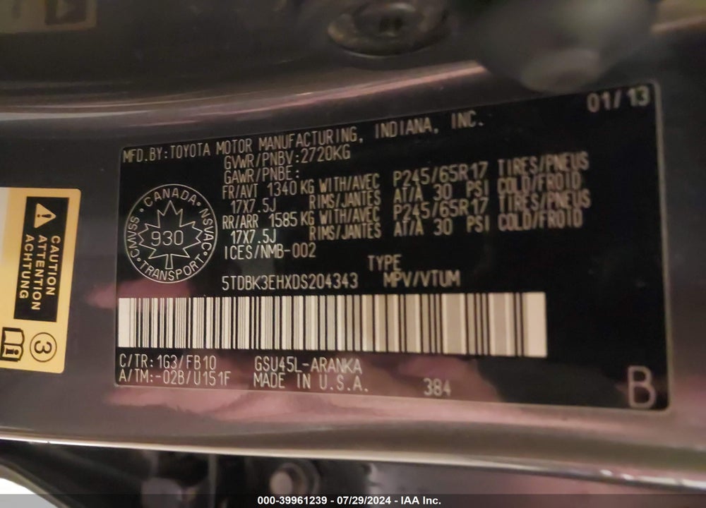2013 TOYOTA HIGHLANDER V6 VIN: 5TDBK3EHXDS204343