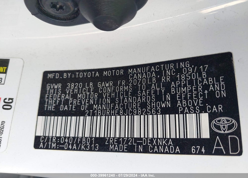 2018 TOYOTA COROLLA L/LE/SE/XLE/XSE VIN: 2T1BURHE8JC982563