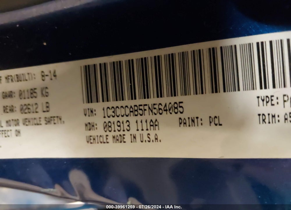 2015 CHRYSLER 200 LIMITED VIN: 1C3CCCAB5FN564085